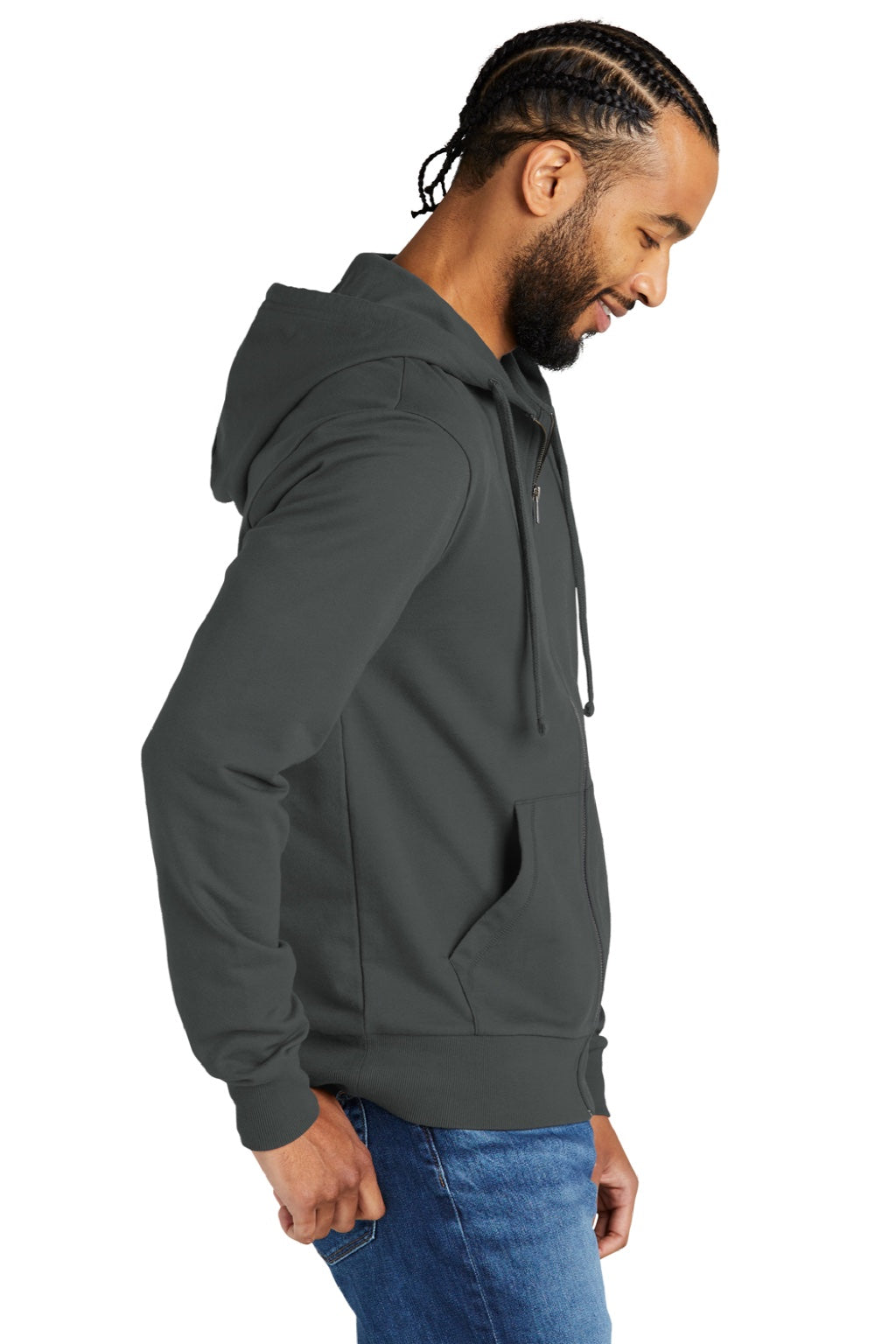 Allmade AL4002 Mens Organic French Terry Full Zip Hooded Sweatshirt Hoodie w/ Pockets Terrain Grey Model Side