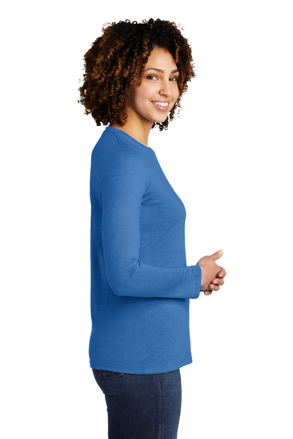 Allmade AL6008 Womens Long Sleeve Crewneck T-Shirt Azure Blue Model Side