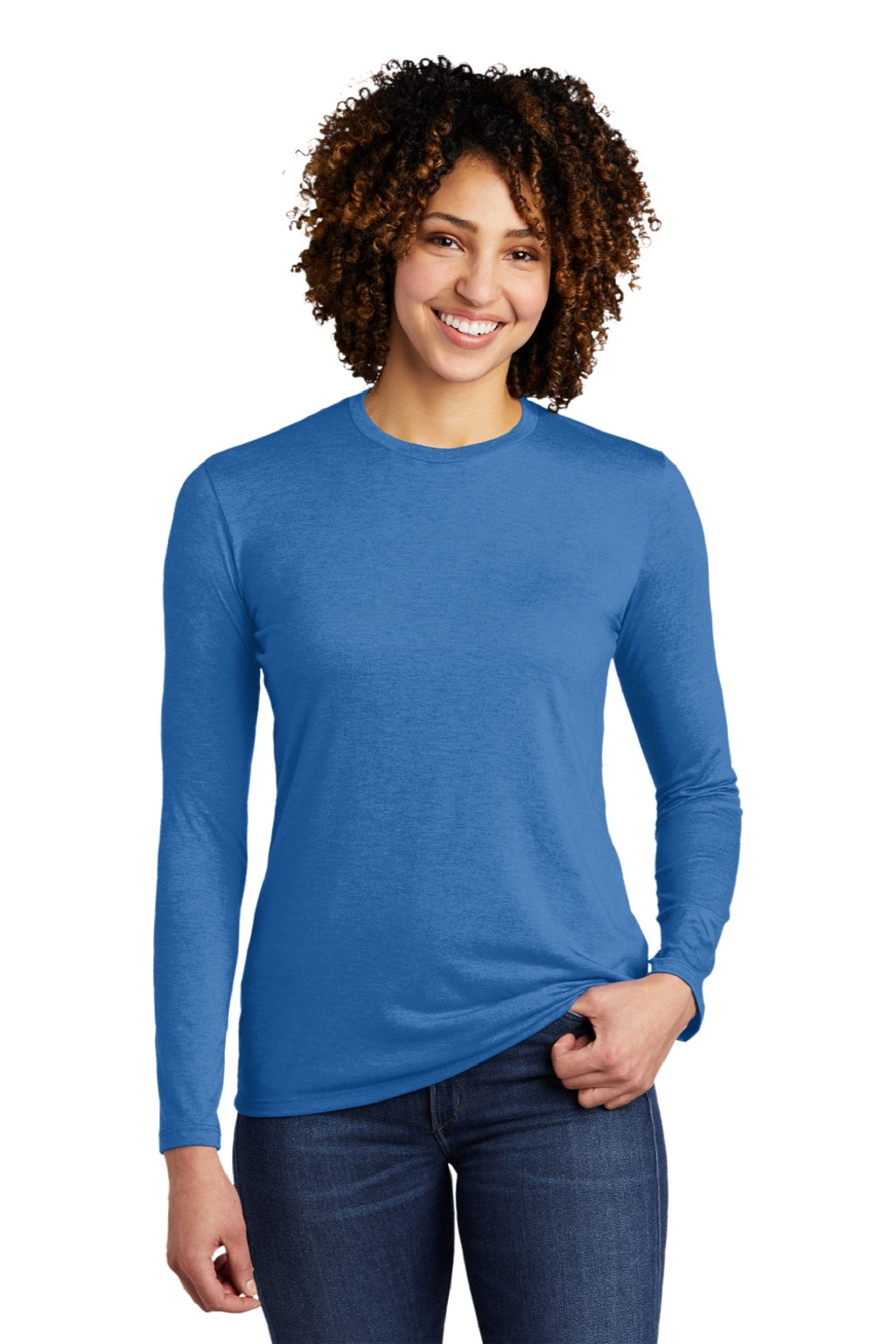 Allmade AL6008 Womens Long Sleeve Crewneck T-Shirt Azure Blue Model Front