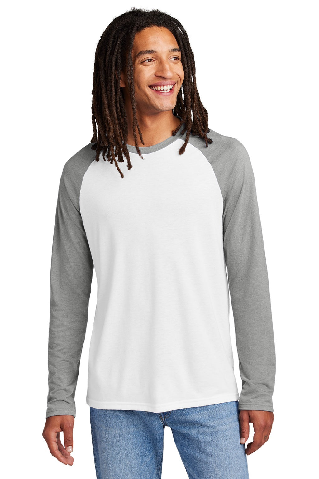 Allmade AL6009 Mens Colorblock Long Sleeve Crewneck T-Shirt Bright White/Aluminum Grey Model Front