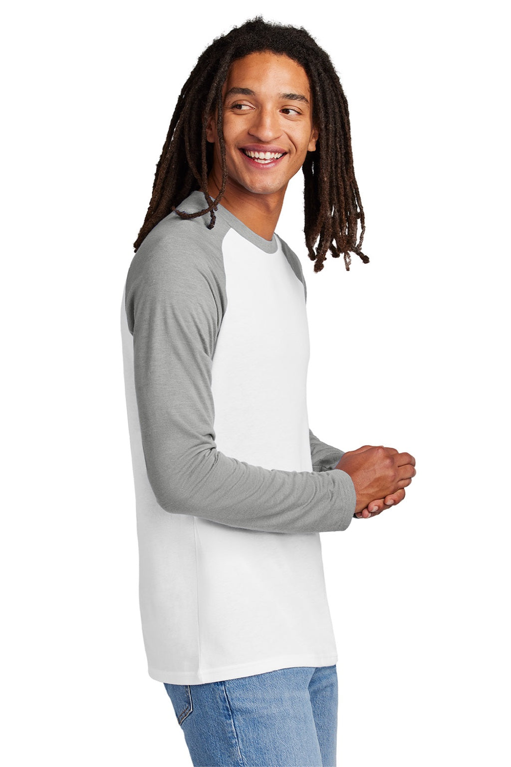 Allmade AL6009 Mens Colorblock Long Sleeve Crewneck T-Shirt Bright White/Aluminum Grey Model Side