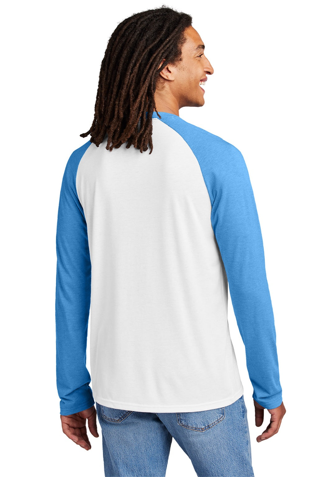 Allmade AL6009 Mens Colorblock Long Sleeve Crewneck T-Shirt Bright White/Azure Blue Model Back