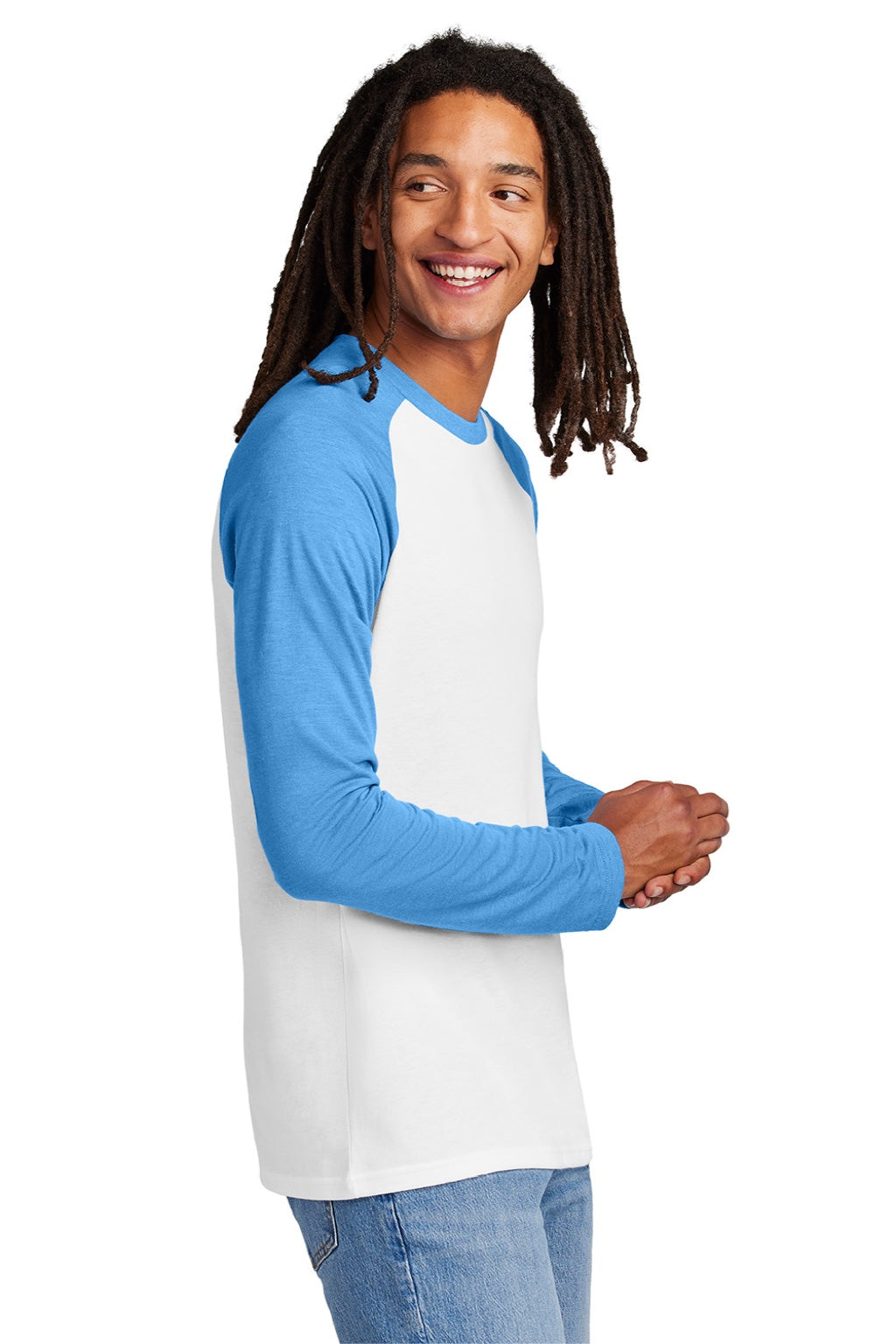 Allmade AL6009 Mens Colorblock Long Sleeve Crewneck T-Shirt Bright White/Azure Blue Model Side