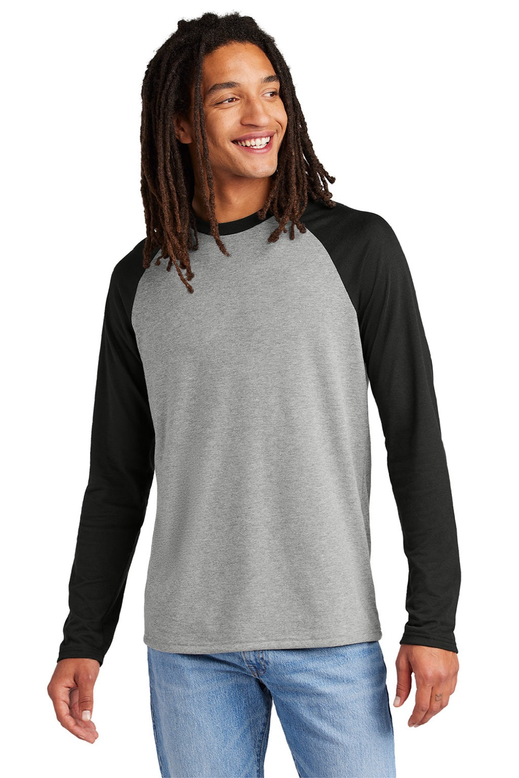 Allmade AL6009 Mens Colorblock Long Sleeve Crewneck T-Shirt Aluminum Grey/Deep Black Model Front