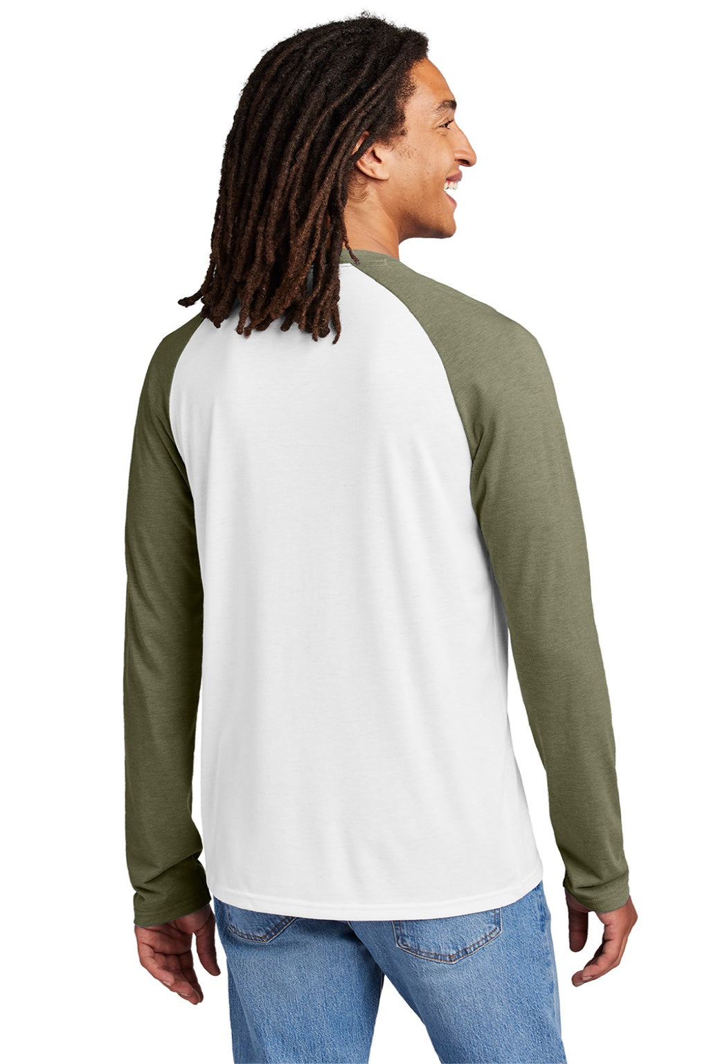 Allmade AL6009 Mens Colorblock Long Sleeve Crewneck T-Shirt Bright White/Olive You Green Model Back