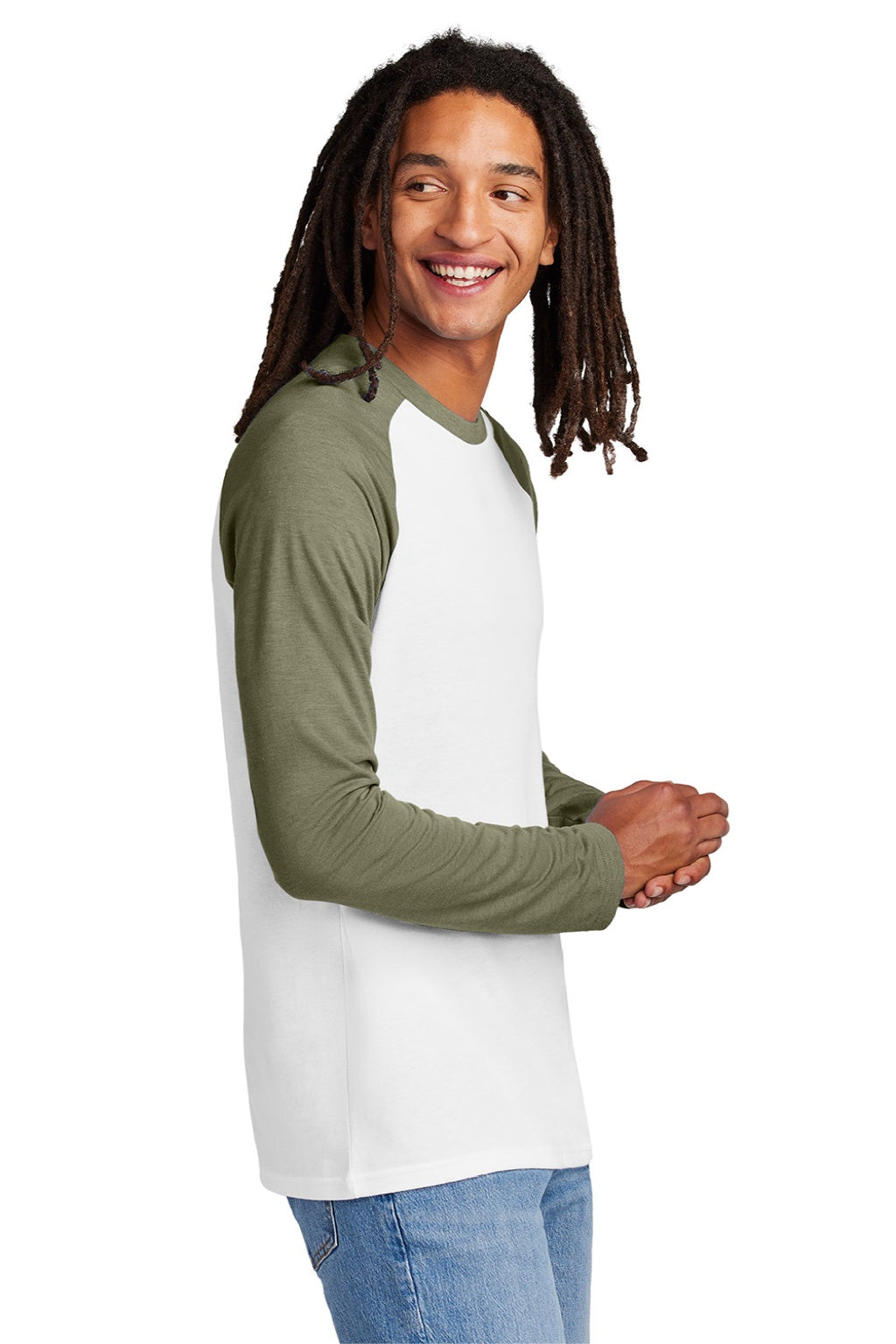 Allmade AL6009 Mens Colorblock Long Sleeve Crewneck T-Shirt Bright White/Olive You Green Model Side