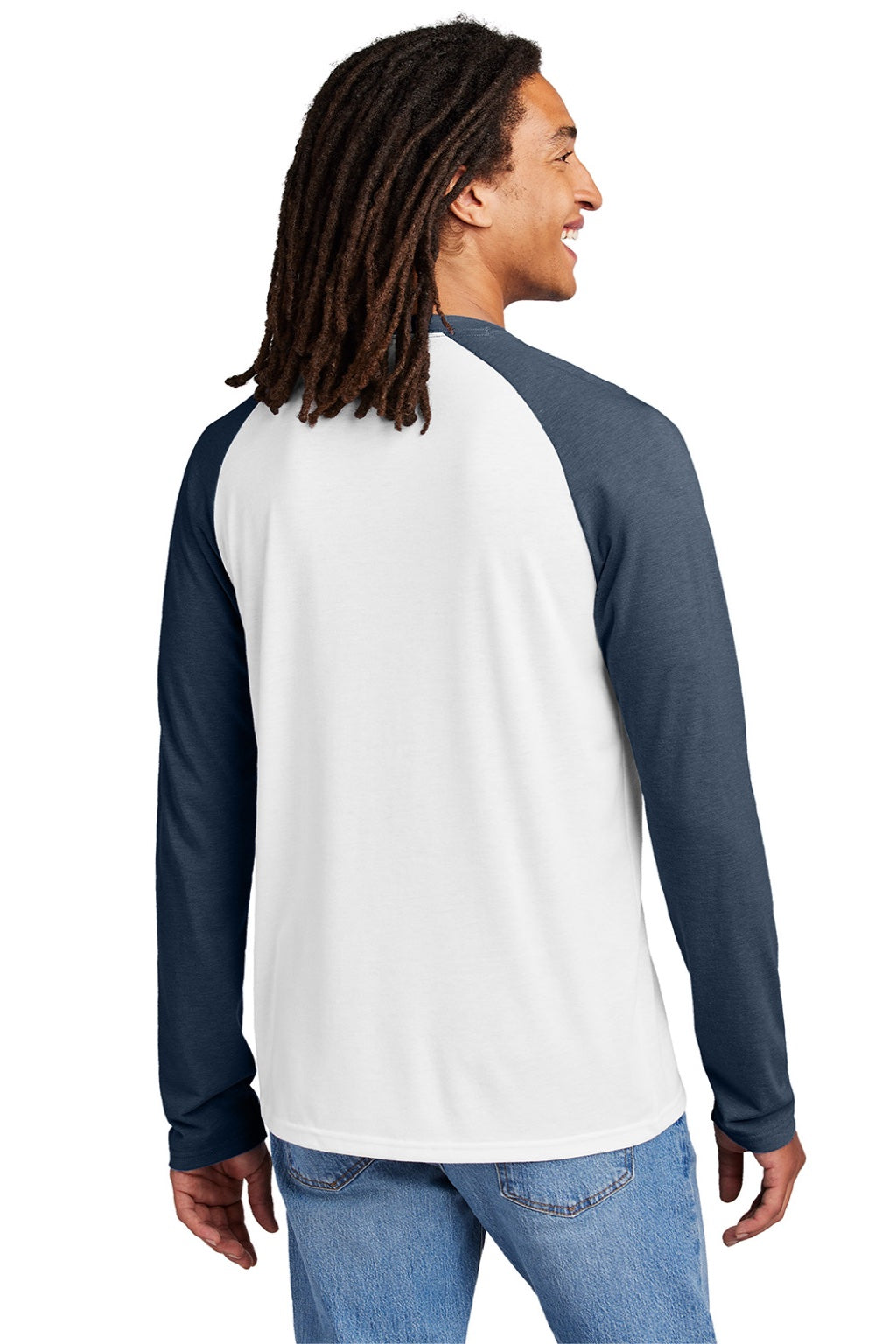 Allmade AL6009 Mens Colorblock Long Sleeve Crewneck T-Shirt Bright White/Rebel Blue Model Back
