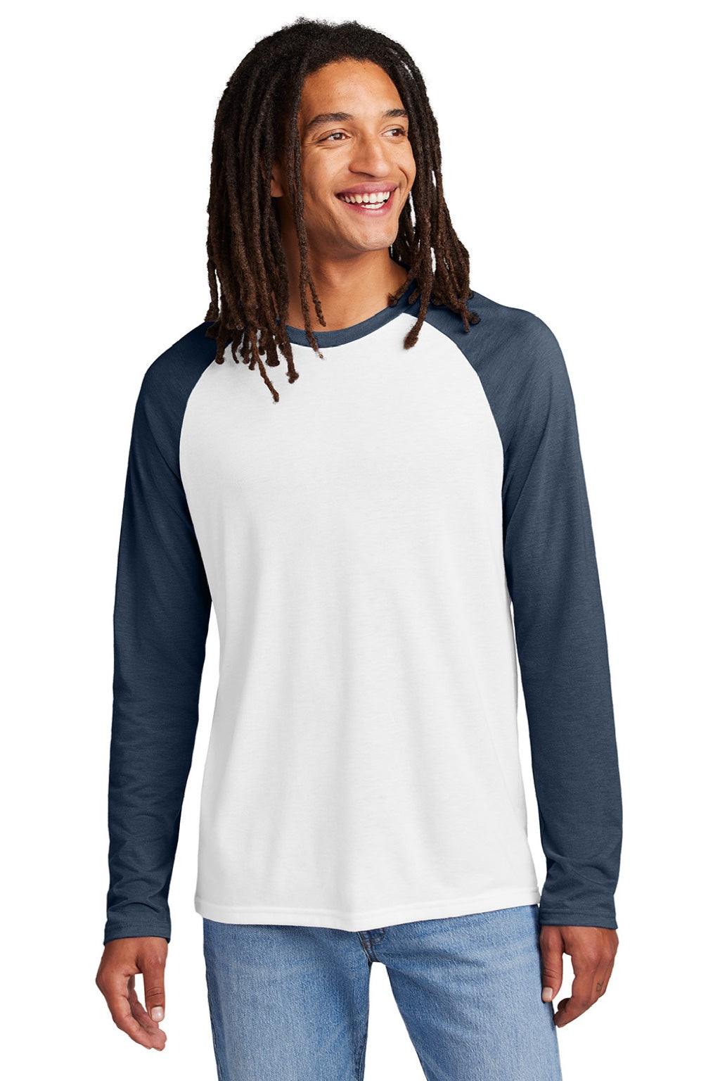 Allmade AL6009 Mens Colorblock Long Sleeve Crewneck T-Shirt Bright White/Rebel Blue Model Front