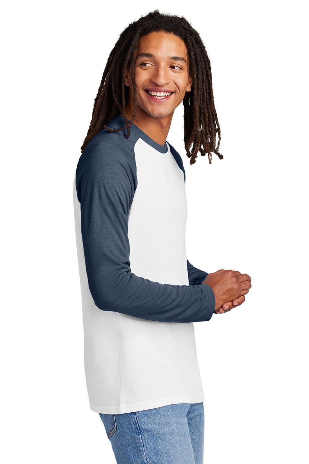 Allmade AL6009 Mens Colorblock Long Sleeve Crewneck T-Shirt Bright White/Rebel Blue Model Side