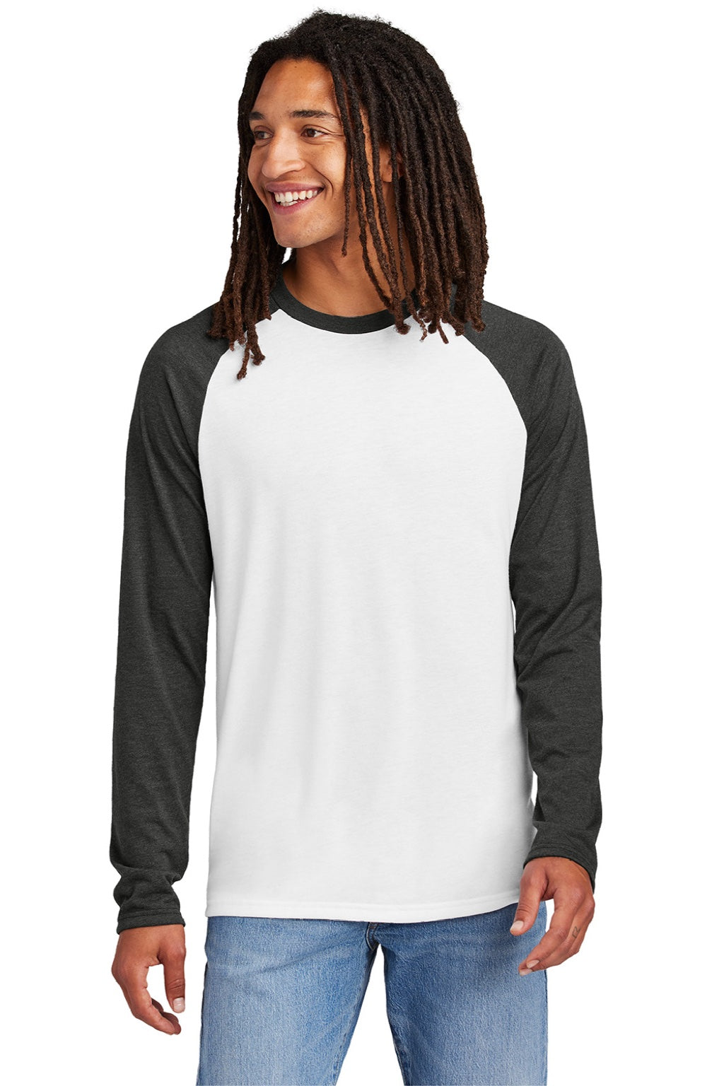 Allmade AL6009 Mens Colorblock Long Sleeve Crewneck T-Shirt Bright White/Space Black Model Front