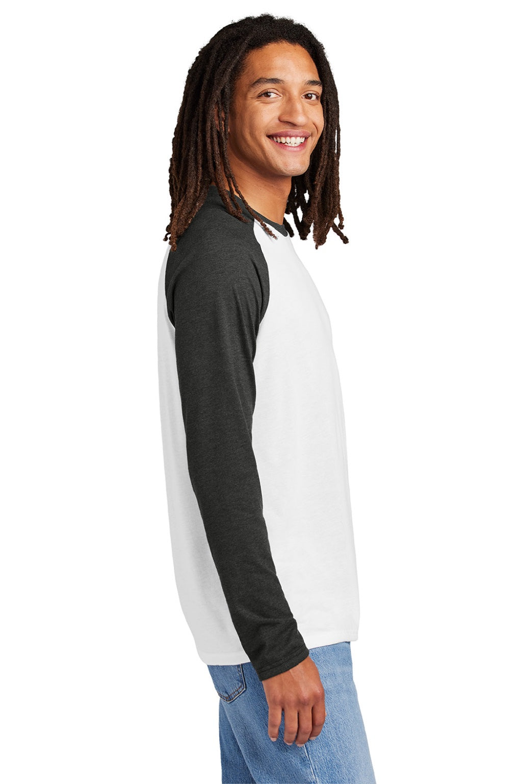 Allmade AL6009 Mens Colorblock Long Sleeve Crewneck T-Shirt Bright White/Space Black Model Side