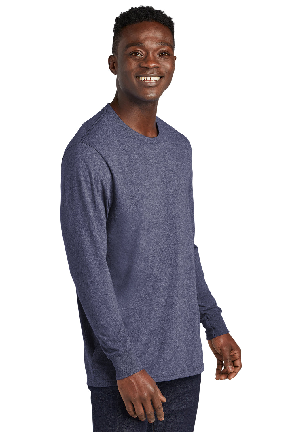 Allmade AL6204 Mens Recycled Long Sleeve Crewneck T-Shirt Heather Navy Blue Model 3Q