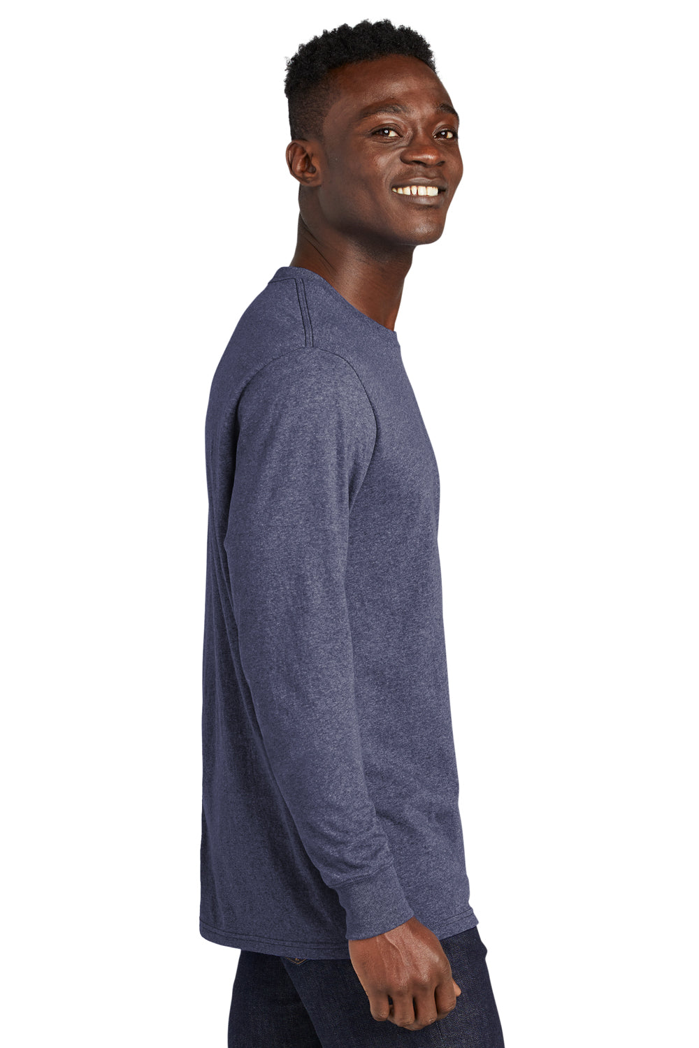 Allmade AL6204 Mens Recycled Long Sleeve Crewneck T-Shirt Heather Navy Blue Model Side