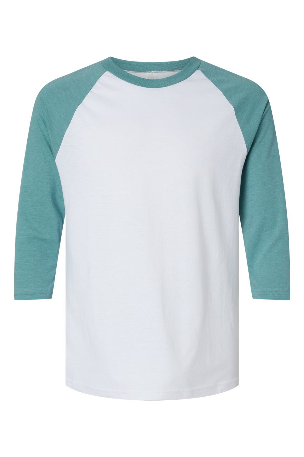 American Apparel 2003CVC Mens CVC Raglan 3/4 Sleeve Crewneck T-Shirt White/Heather Arctic Blue Flat Front