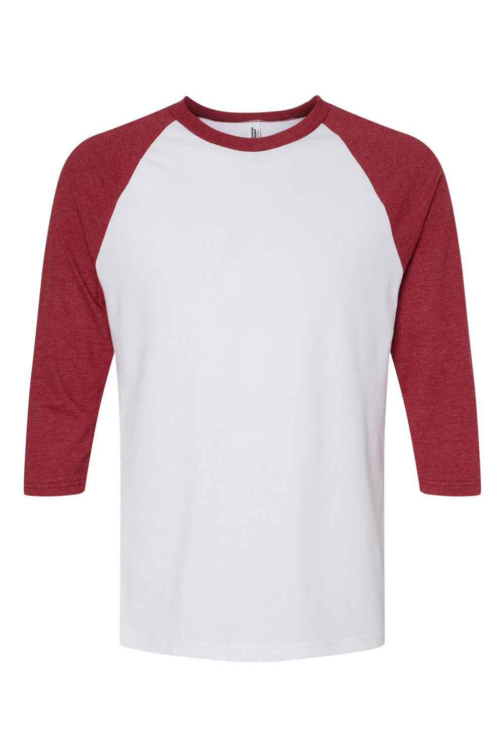 American Apparel 2003CVC Mens CVC Raglan 3/4 Sleeve Crewneck T-Shirt White/Heather Cardinal Red Flat Front