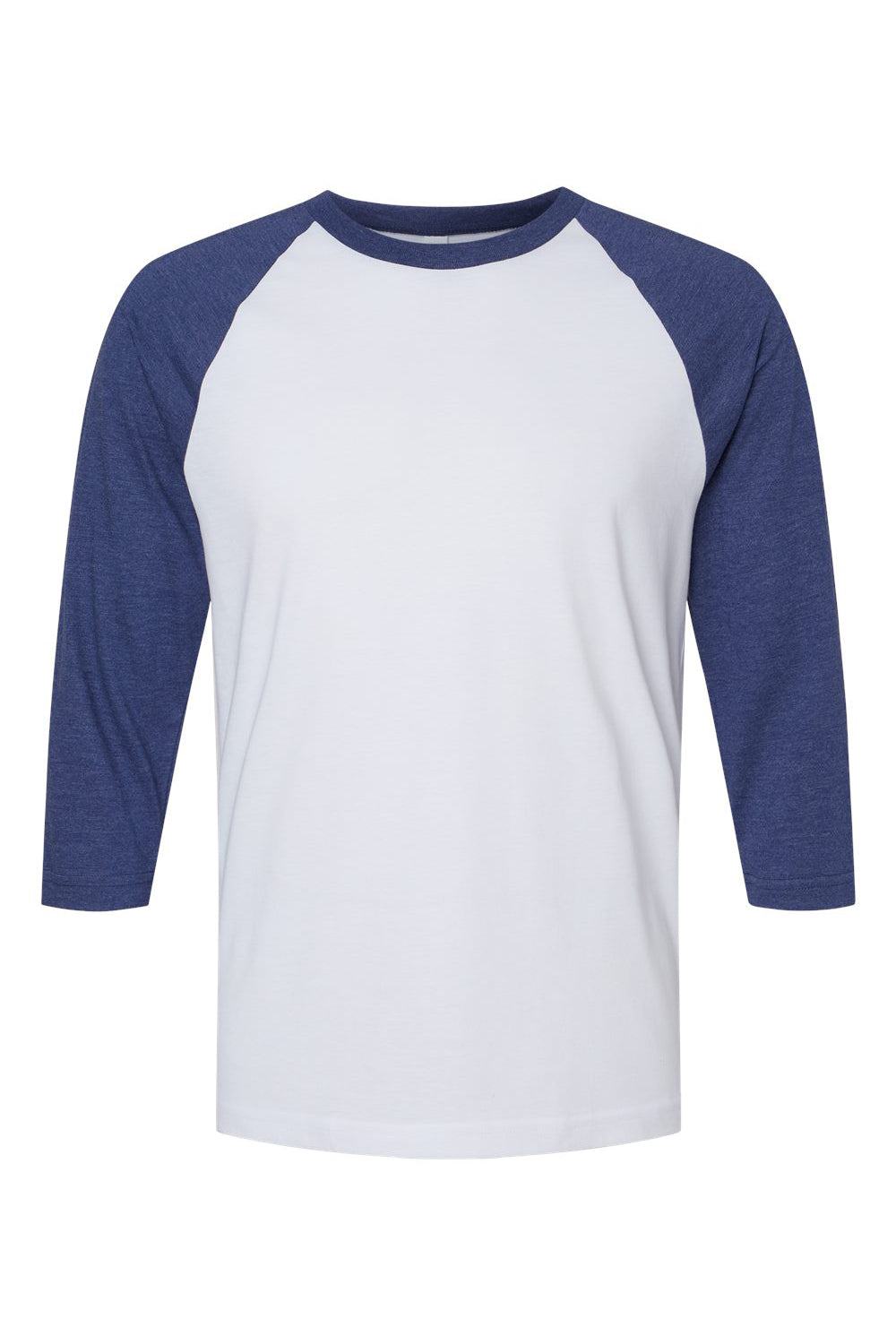 American Apparel 2003CVC Mens CVC Raglan 3/4 Sleeve Crewneck T-Shirt White/Heather Indigo Blue Flat Front