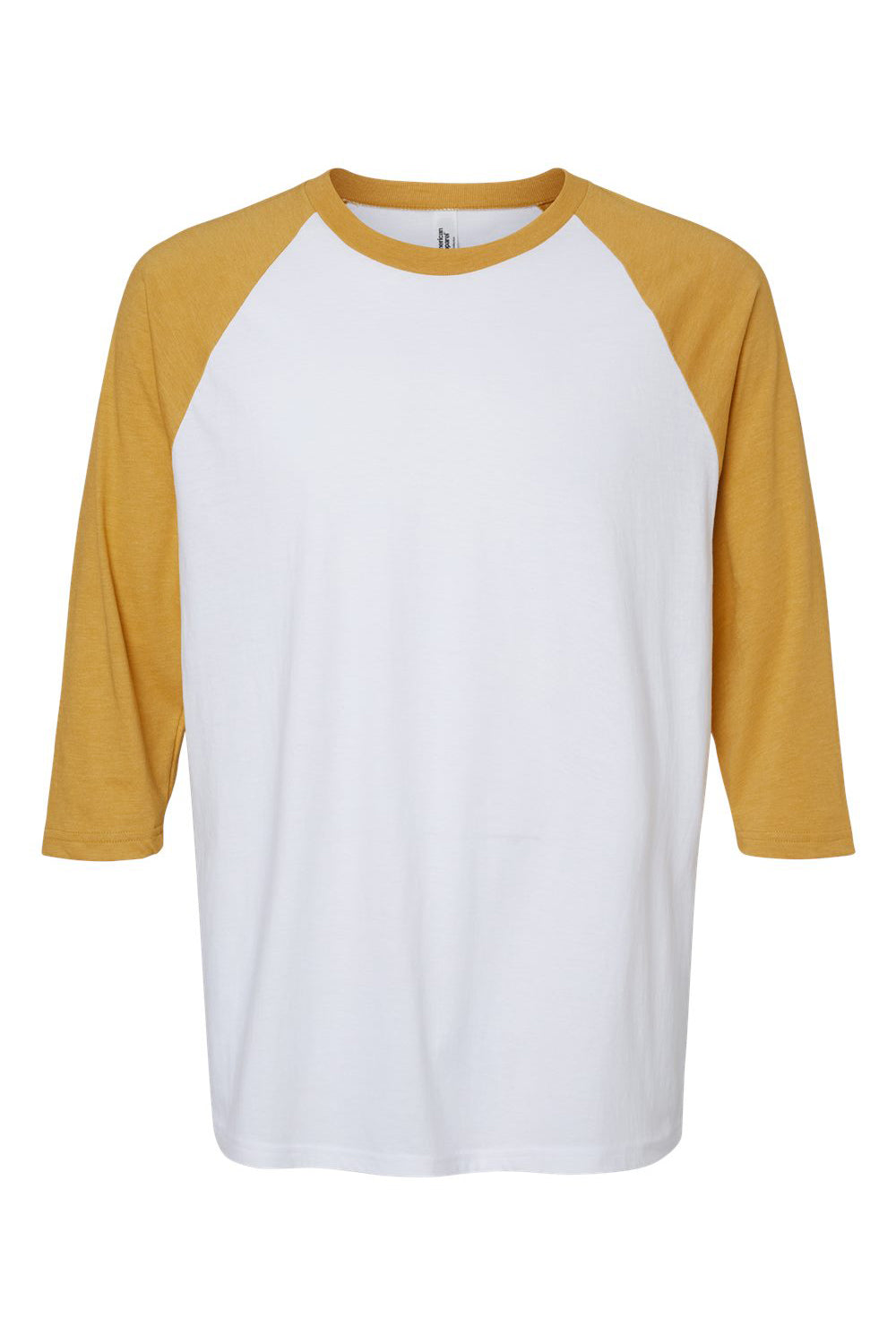 American Apparel 2003CVC Mens CVC Raglan 3/4 Sleeve Crewneck T-Shirt White/Heather Mustard Yellow Flat Front
