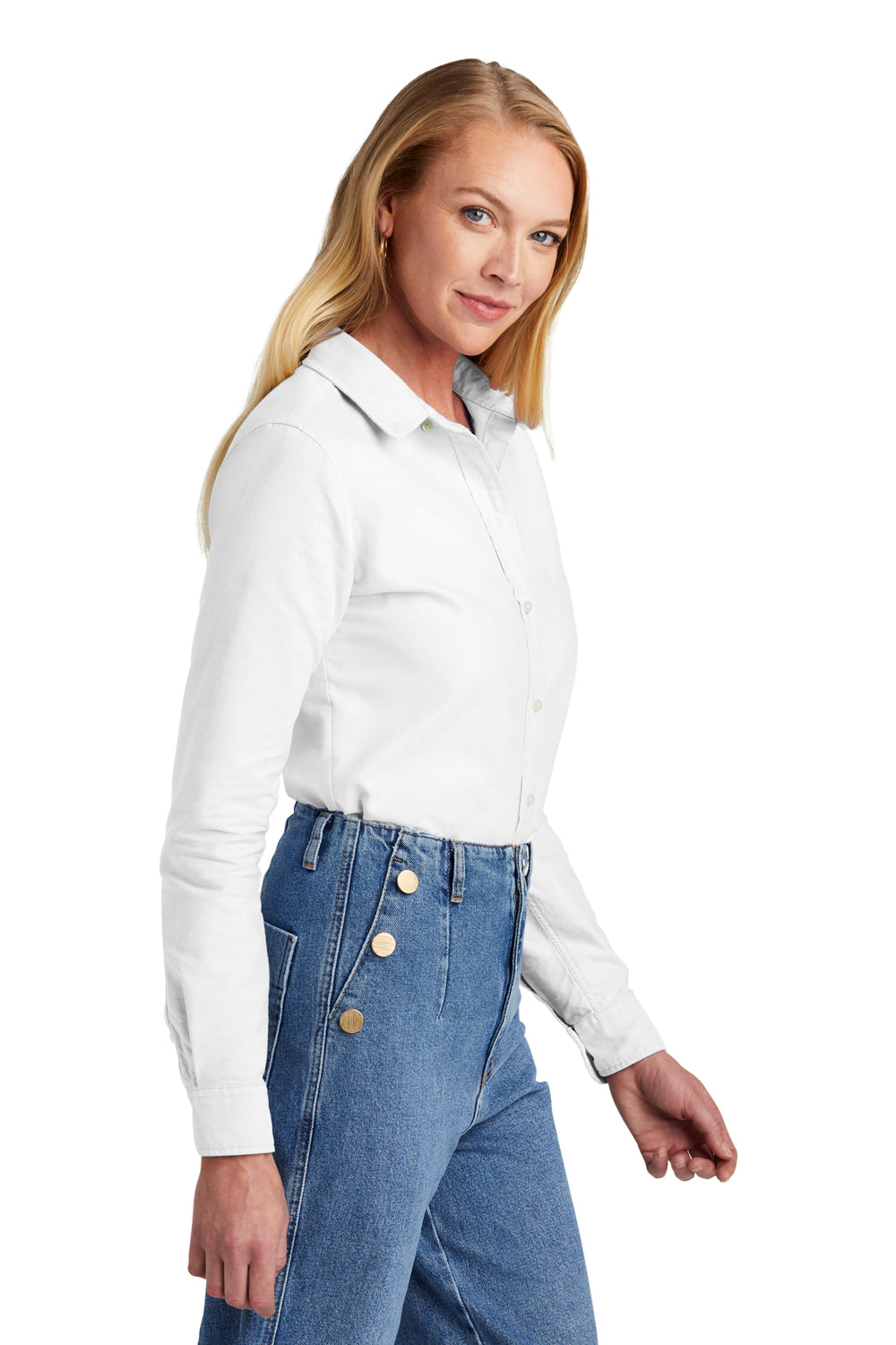 Brooks Brothers Womens Casual Oxford Long Sleeve Button Down Shirt White Model Side