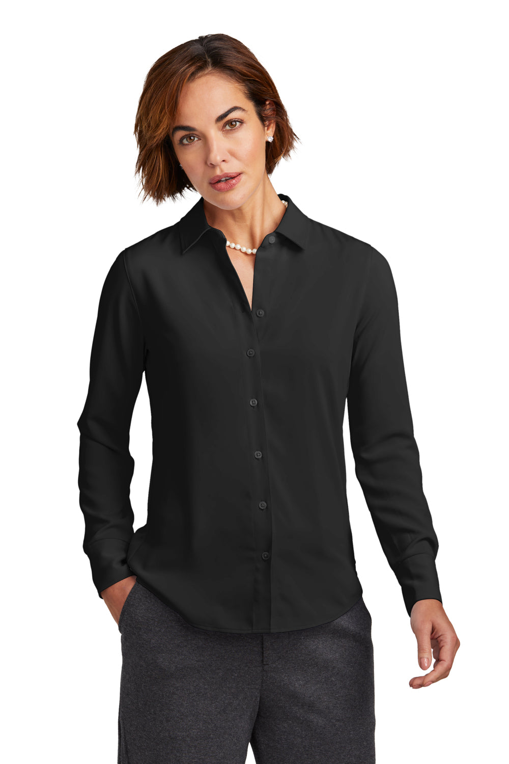 Brooks Brothers BB18007 Womens Deep Black Satin Anti Static Long Sleeve Button Down Shirt BigTopShirtShop.com Brooks Brothers BB18007 Womens Deep Black Satin Anti Static Long Sleeve Button Down Shirt BigTopShirtShop.com