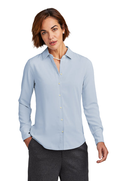 Brooks Brothers Womens Satin Anti Static Long Sleeve Button Down Shirt Heritage Blue Model Front