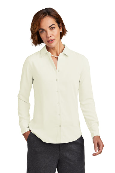 Brooks Brothers Womens Satin Anti Static Long Sleeve Button Down Shirt Off White Model Front