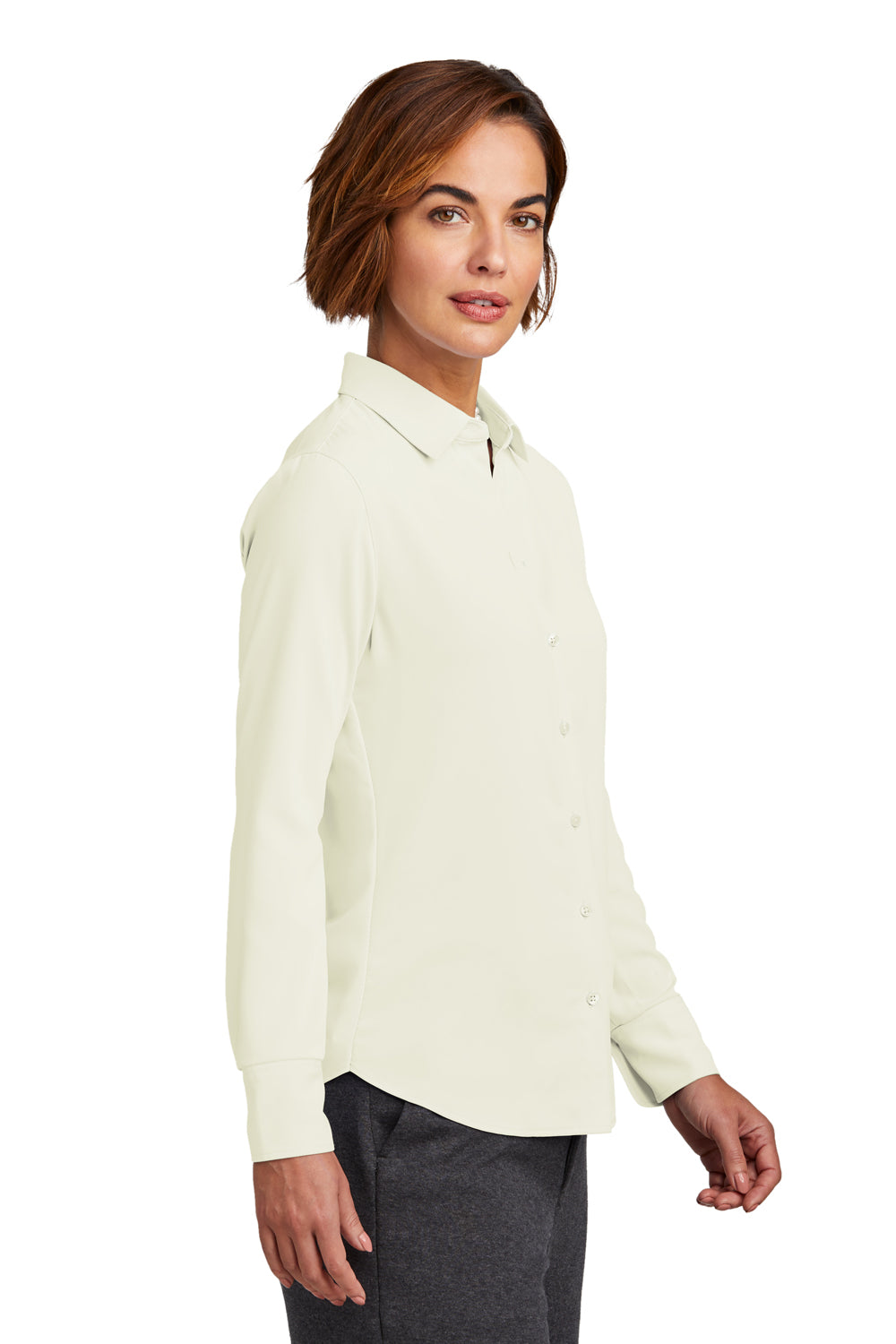 Brooks Brothers Womens Satin Anti Static Long Sleeve Button Down Shirt Off White Model Side