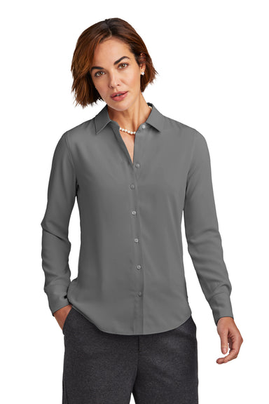 Brooks Brothers Womens Satin Anti Static Long Sleeve Button Down Shirt Shadow Grey Model Front