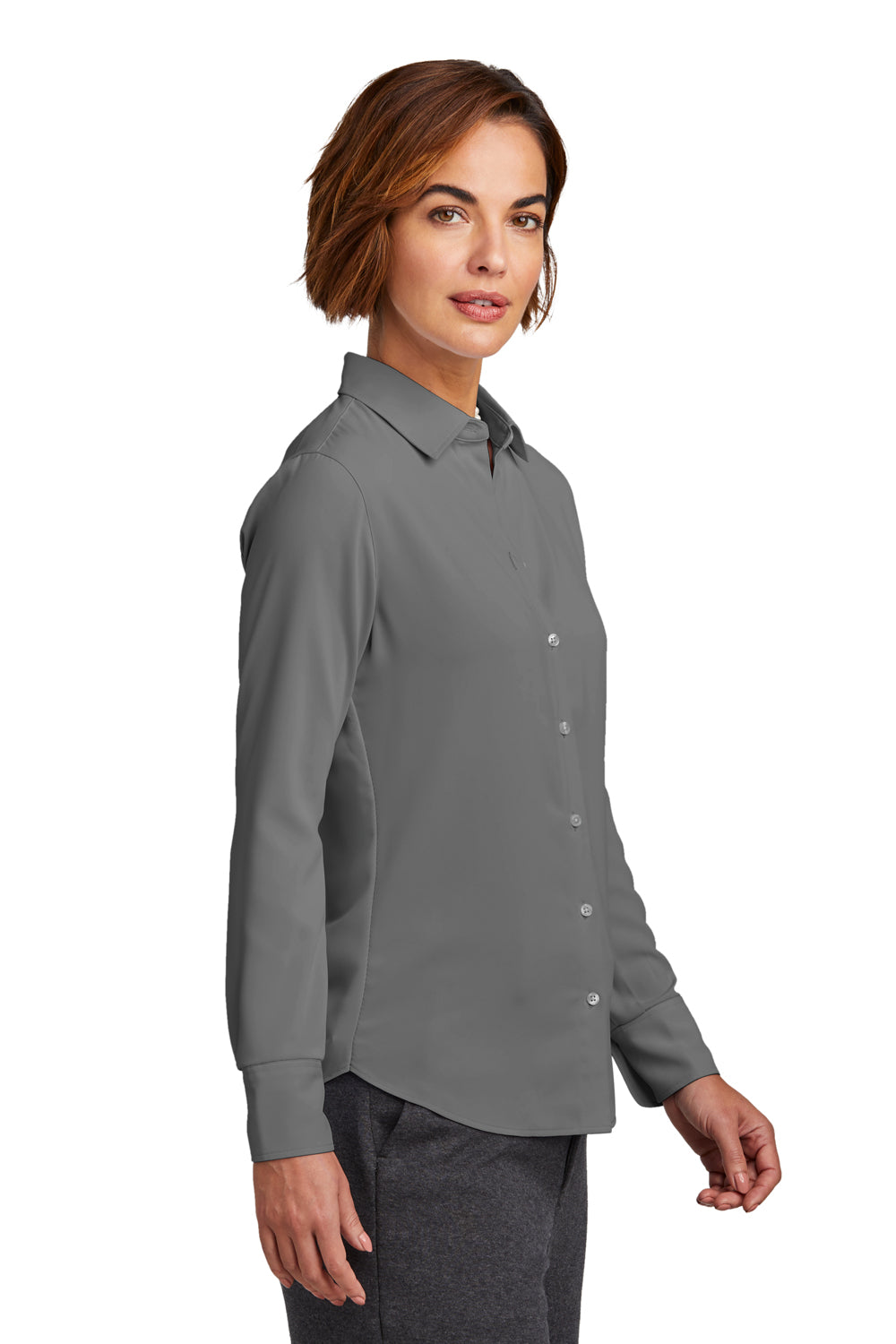 Brooks Brothers Womens Satin Anti Static Long Sleeve Button Down Shirt Shadow Grey Model Side