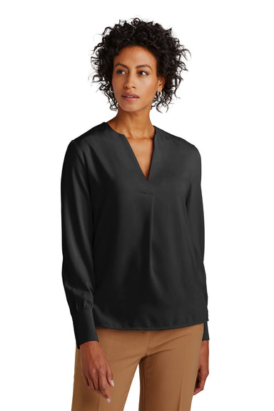 Brooks Brothers Womens Anti Static Open Neck Long Sleeve Blouse Deep Black Model Front