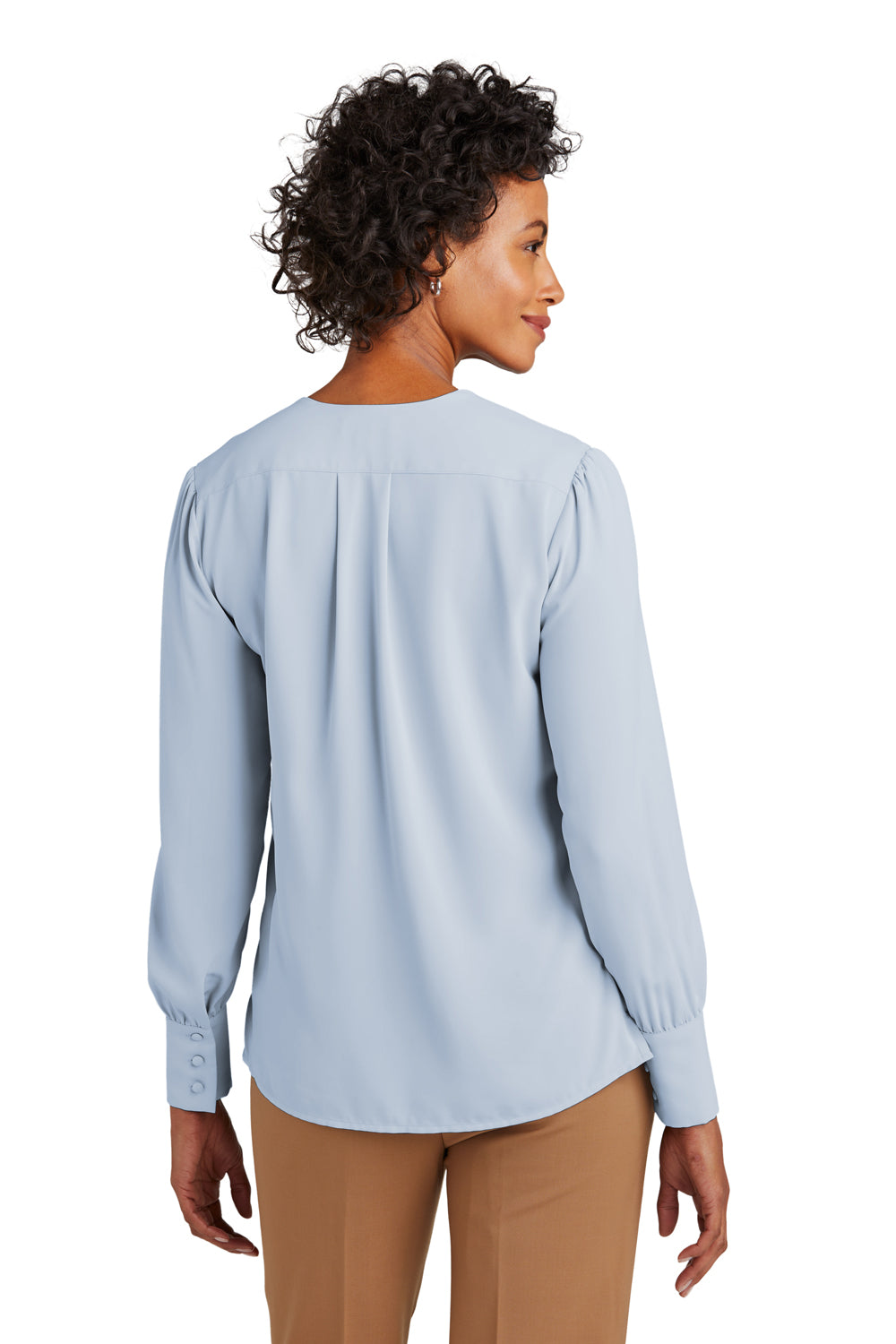 Brooks Brothers Womens Anti Static Open Neck Long Sleeve Blouse Heritage Blue Model Back