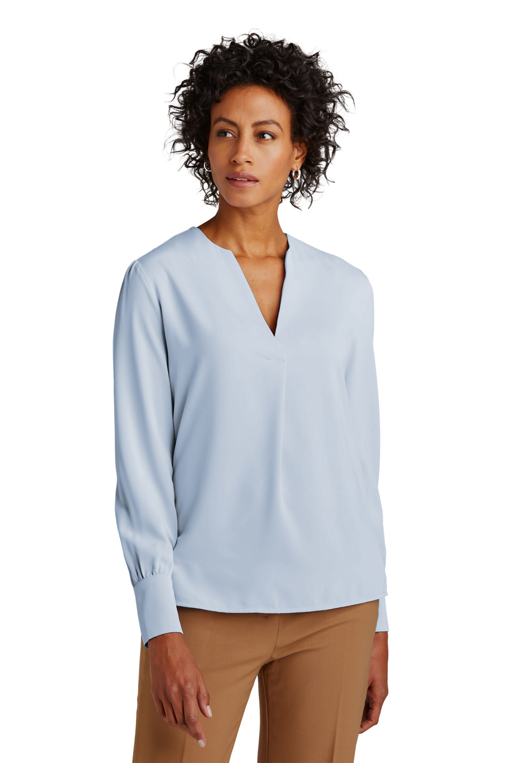 Brooks Brothers Womens Anti Static Open Neck Long Sleeve Blouse Heritage Blue Model Front