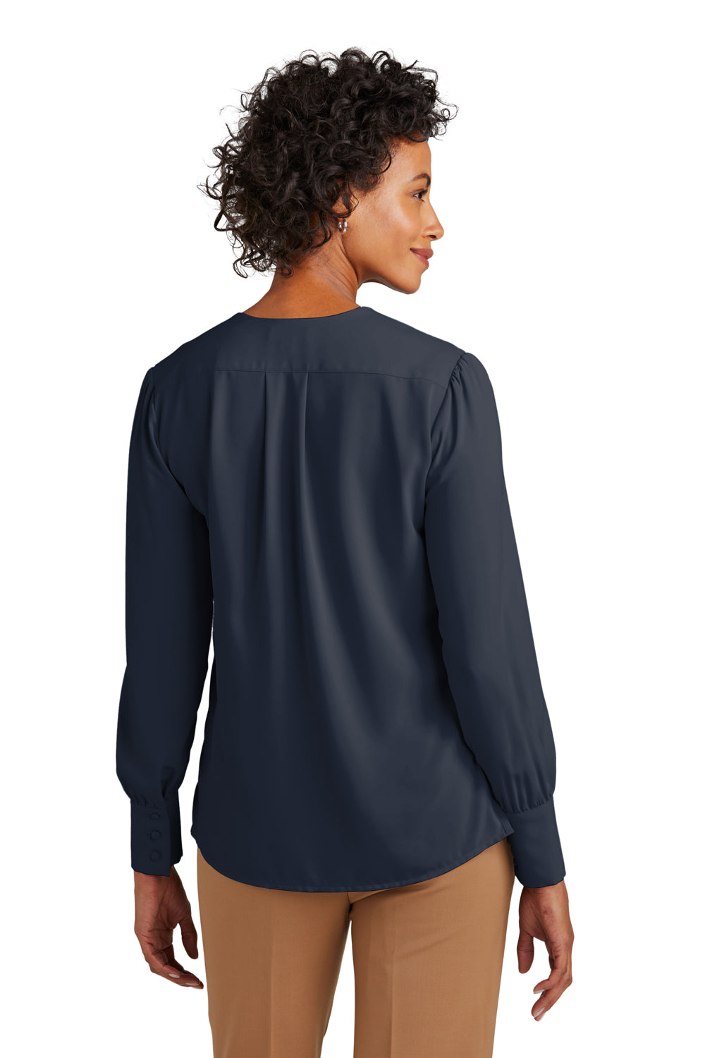 Brooks Brothers Womens Anti Static Open Neck Long Sleeve Blouse Night Navy Blue Model Back