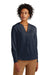 Brooks Brothers Womens Anti Static Open Neck Long Sleeve Blouse Night Navy Blue Model Front