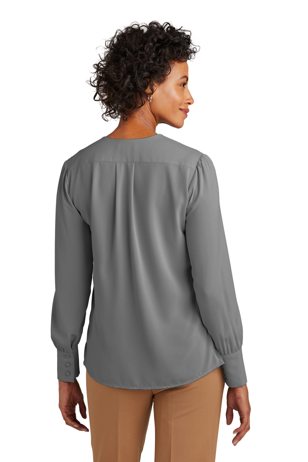 Brooks Brothers Womens Anti Static Open Neck Long Sleeve Blouse Shadow Grey Model Back