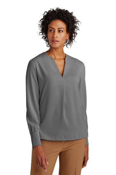 Brooks Brothers Womens Anti Static Open Neck Long Sleeve Blouse Shadow Grey Model Front