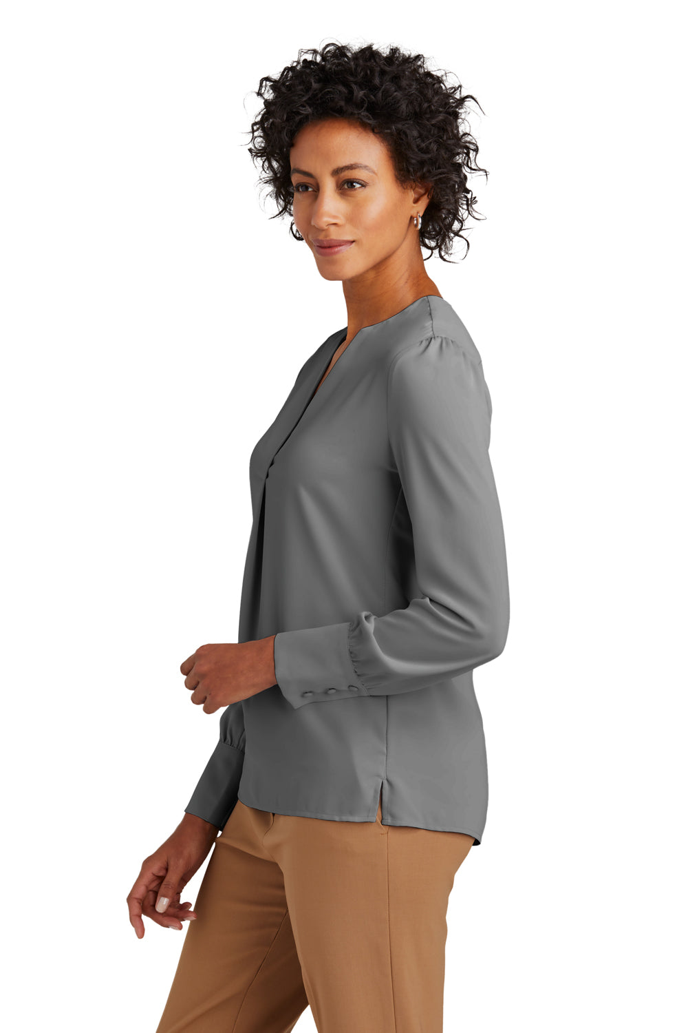 Brooks Brothers Womens Anti Static Open Neck Long Sleeve Blouse Shadow Grey Model Side