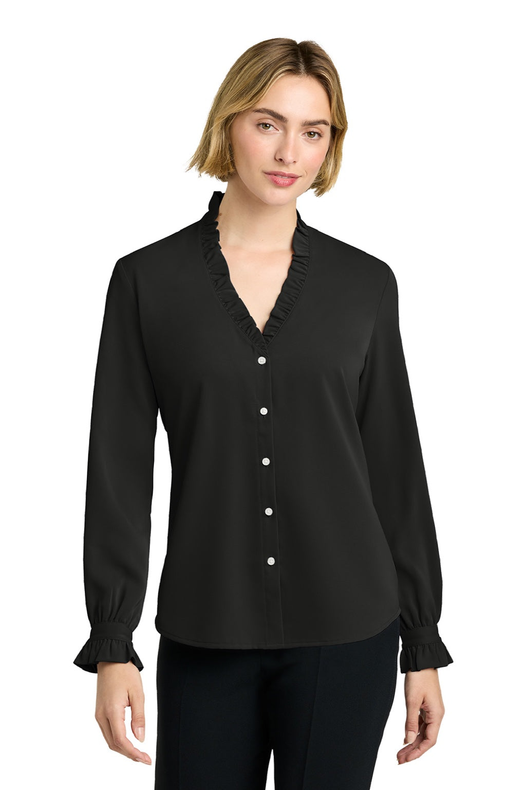 Brooks Brothers BB18011 Womens Ruffle Collar Long Sleeve Button Down Shirt Deep Black Model Front