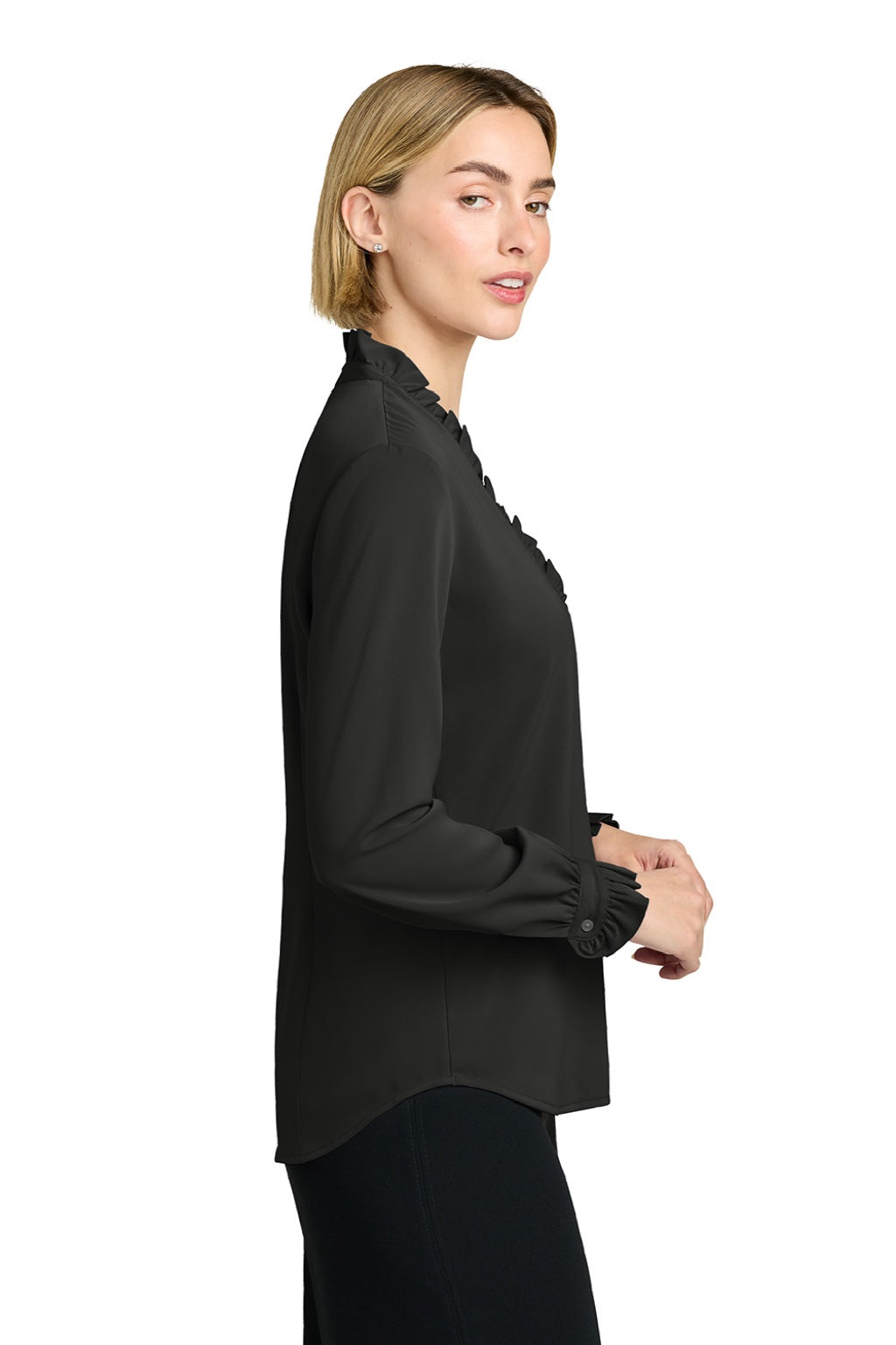 Brooks Brothers BB18011 Womens Ruffle Collar Long Sleeve Button Down Shirt Deep Black Model Side