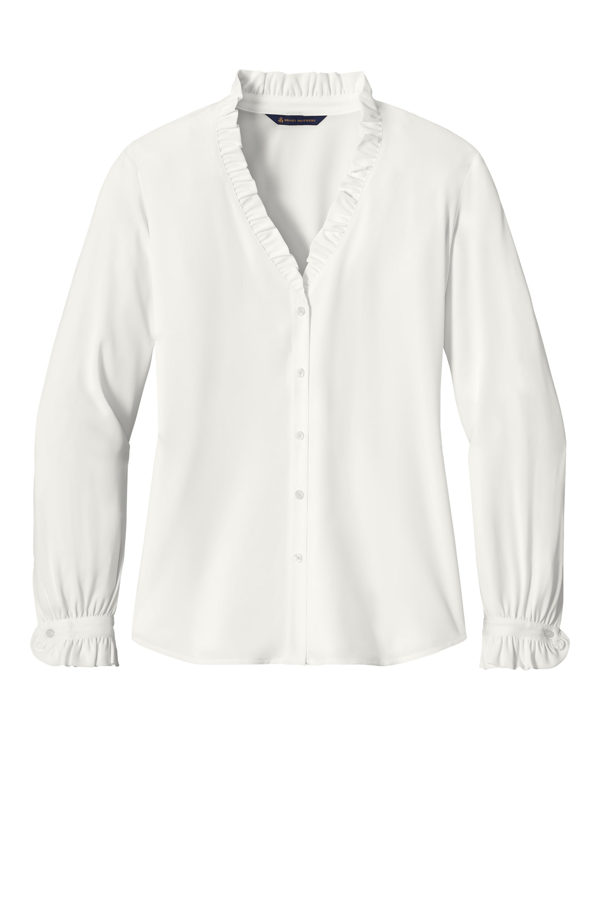 Brooks Brothers BB18011 Womens Ruffle Collar Long Sleeve Button Down Shirt Off White Flat Front