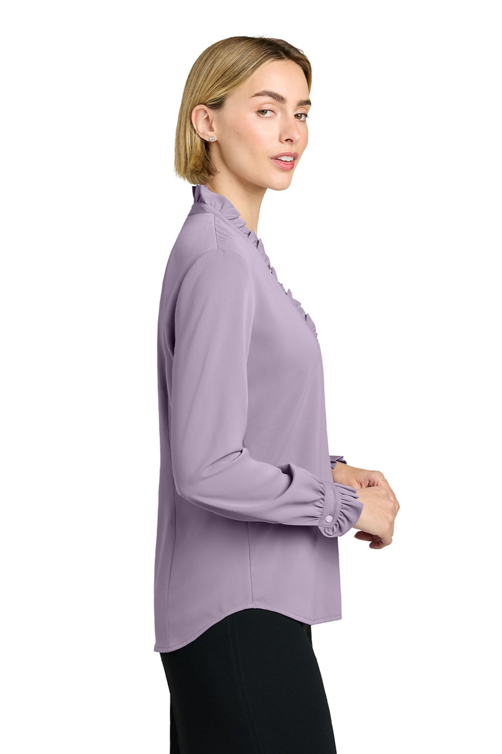 Brooks Brothers BB18011 Womens Ruffle Collar Long Sleeve Button Down Shirt Ash Purple Model Side