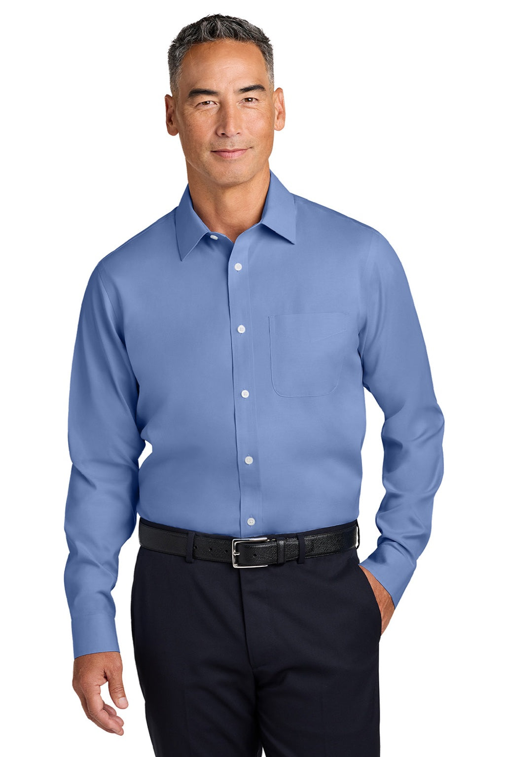 Brooks Brothers BB18012 Mens Wrinkle Free Stretch Pinpoint Long Sleeve Button Down Shirt w/ Pocket Cobalt Blue Model Front