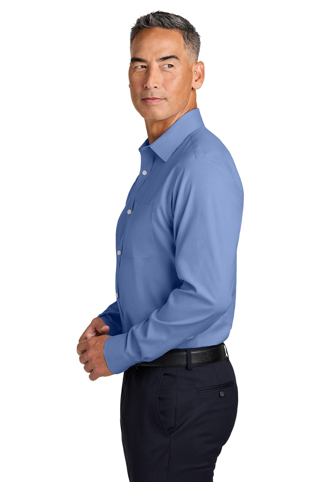 Brooks Brothers BB18012 Mens Wrinkle Free Stretch Pinpoint Long Sleeve Button Down Shirt w/ Pocket Cobalt Blue Model Side