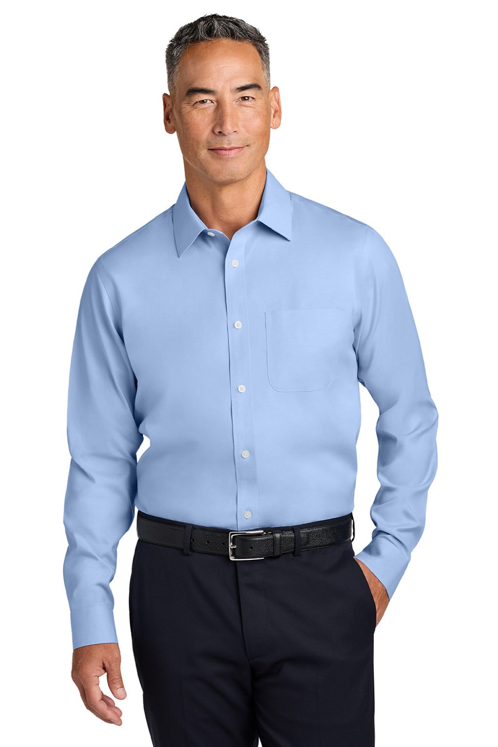 Brooks Brothers BB18012 Mens Wrinkle Free Stretch Pinpoint Long Sleeve Button Down Shirt w/ Pocket Newport Blue Model Front