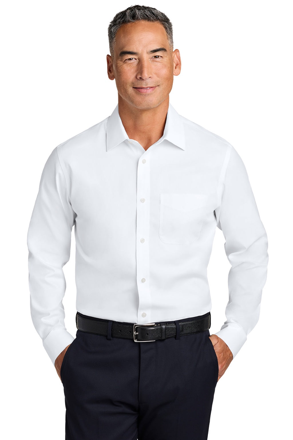 Brooks Brothers BB18012 Mens Wrinkle Free Stretch Pinpoint Long Sleeve Button Down Shirt w/ Pocket White Model Front