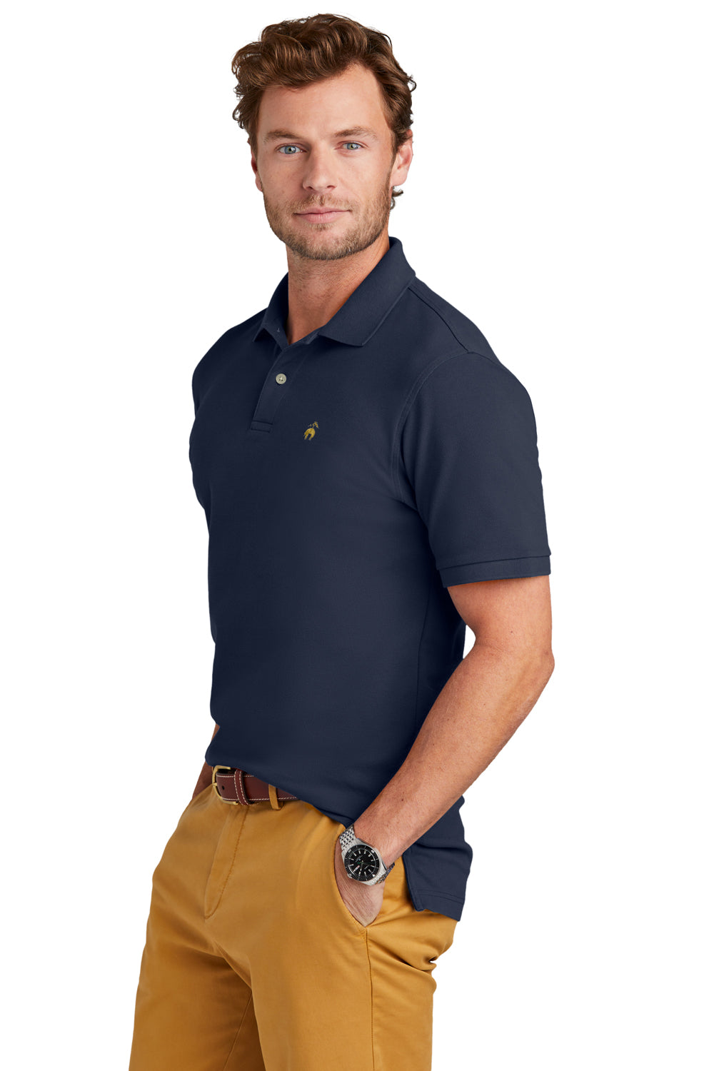 Brooks Brothers Mens Pique Short Sleeve Polo Shirt Navy Blue Model Side