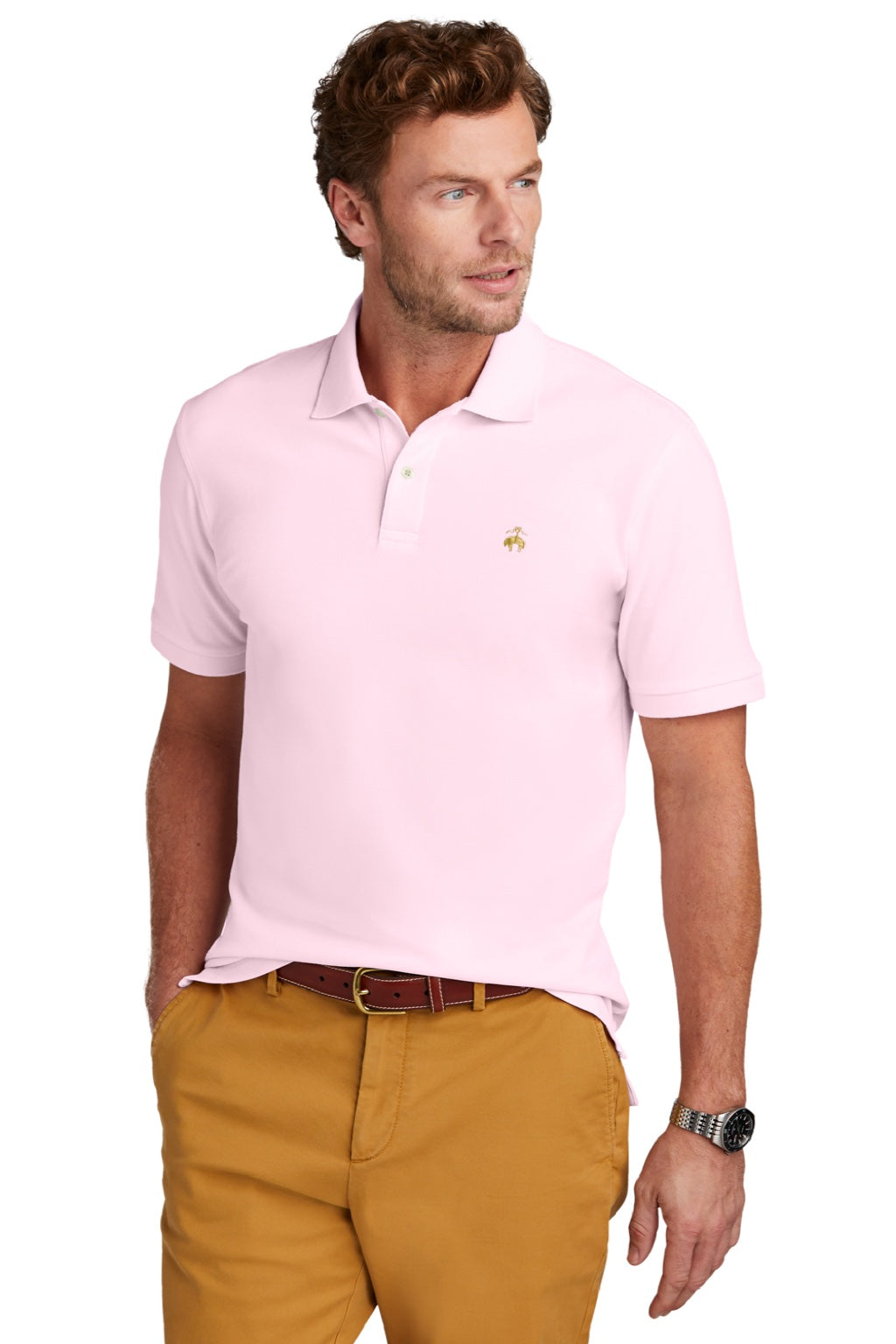 Brooks Brothers Mens Short Sleeve Polo Shirt Pearl Pink Model Front