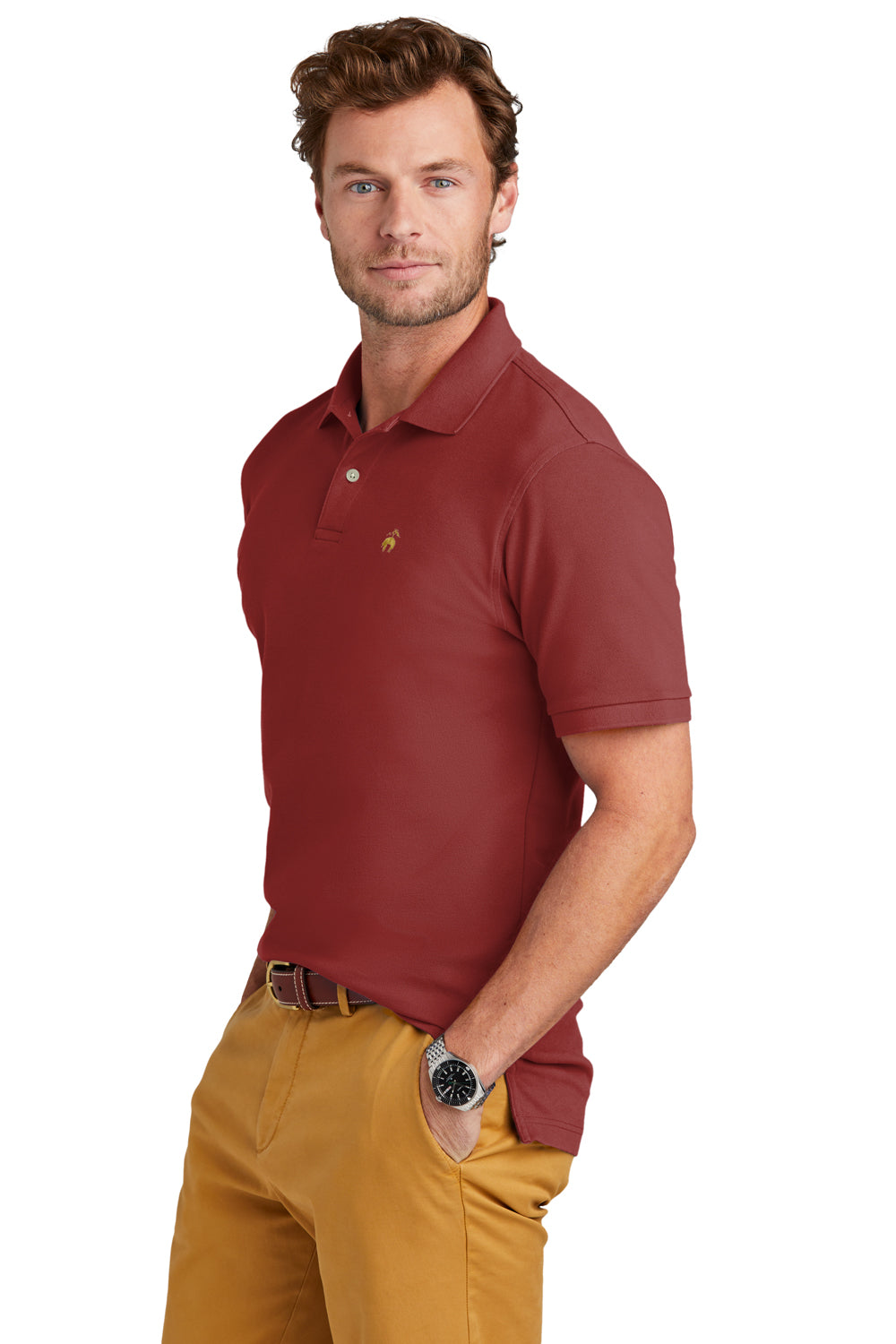 Brooks Brothers Mens Pique Short Sleeve Polo Shirt Rich Red Model Side
