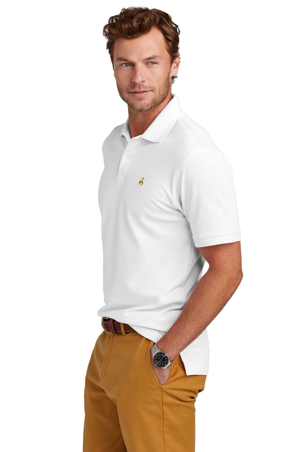 Brooks Brothers Mens Short Sleeve Polo Shirt White Model Side