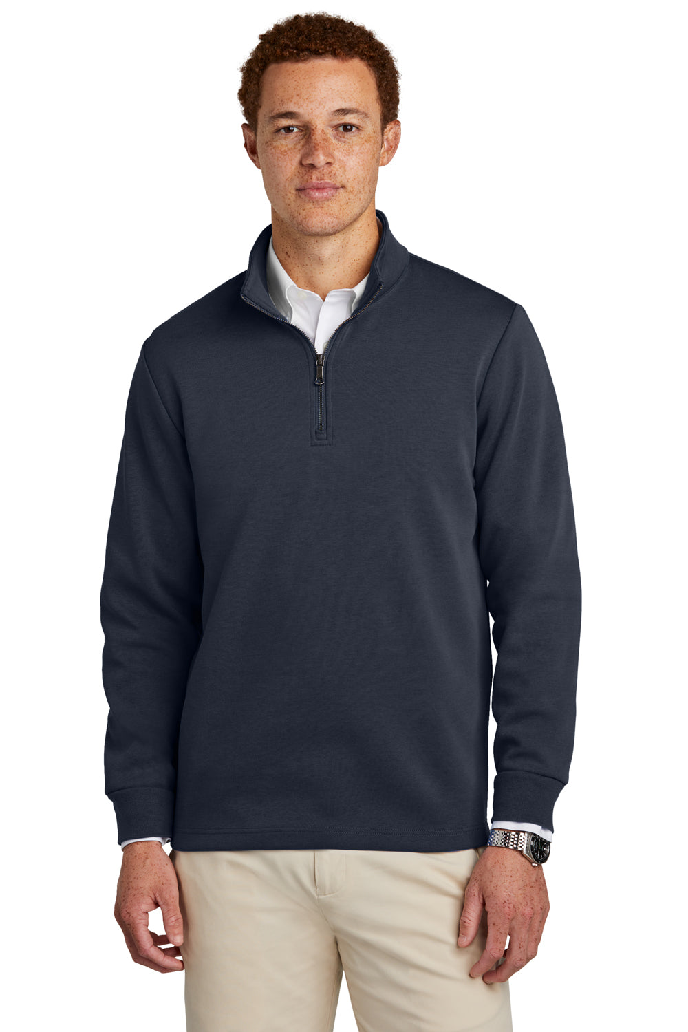 Brooks Brothers Mens Double Knit 1/4 Zip Sweatshirt Night Navy Blue Model Front