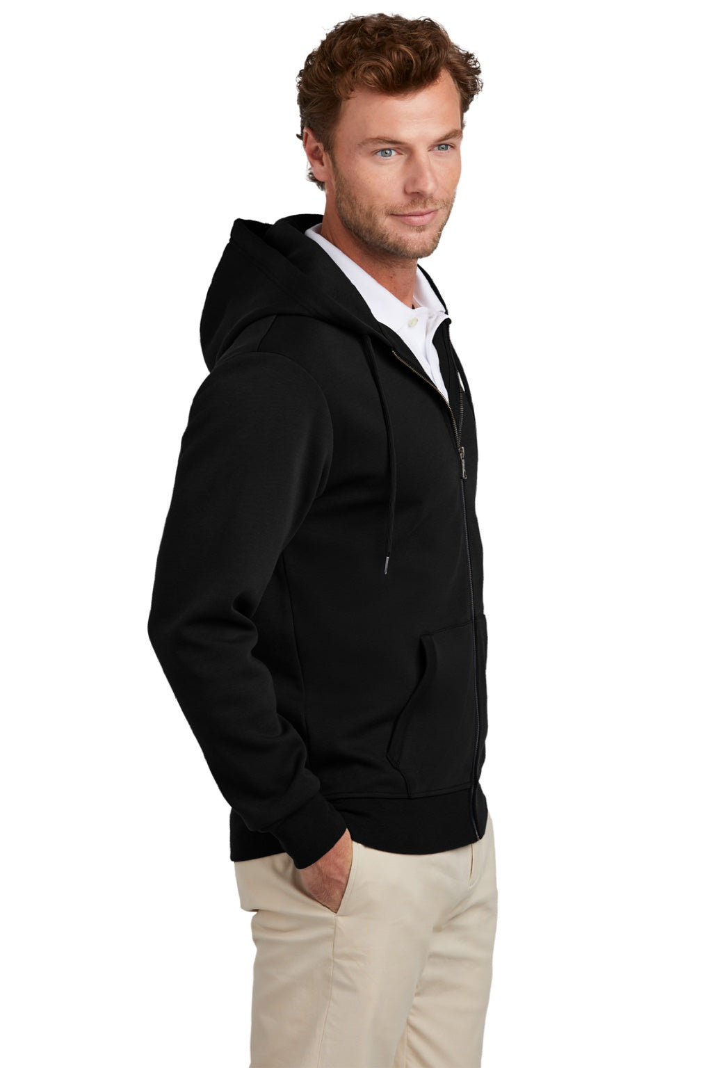 Brooks Brothers Mens Double Knit Full Zip Hooded Sweatshirt Hoodie w/ Pockets Deep Black Model Side